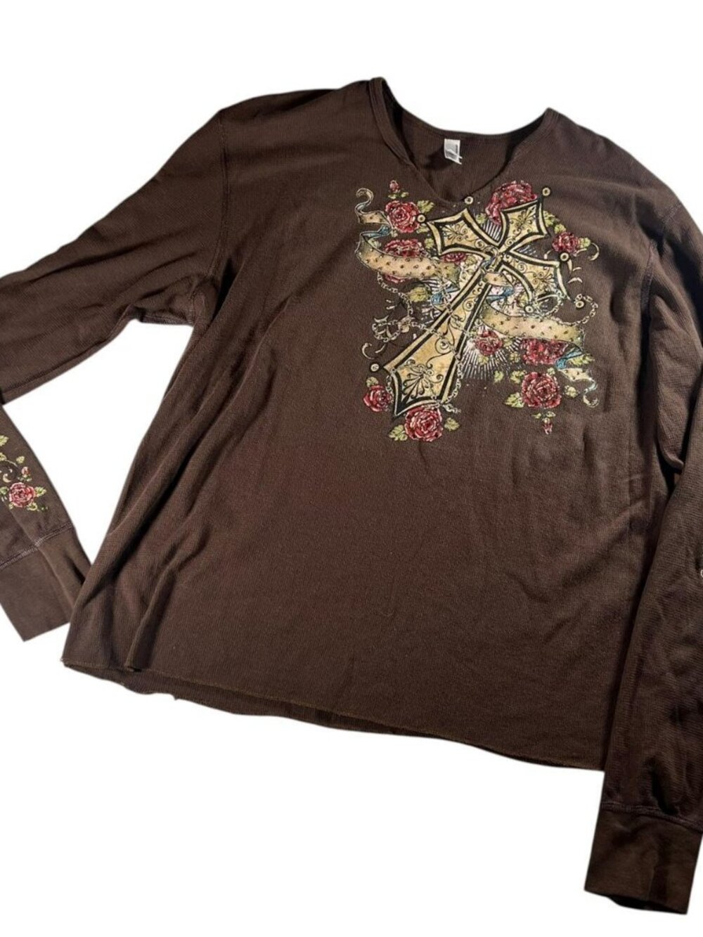 Y2K Plus Size Brown Thermal Cross Rose Rhinestone Long Sleeve Top